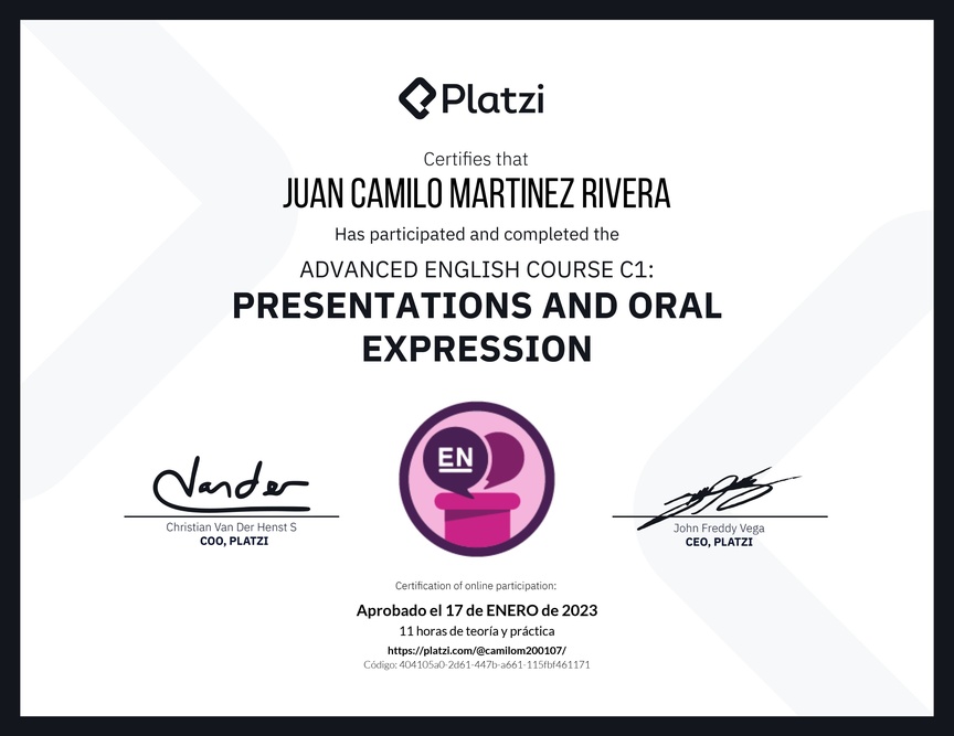Diploma del Curso de Inglés Avanzado C1: Presentaciones y Expresión Oral