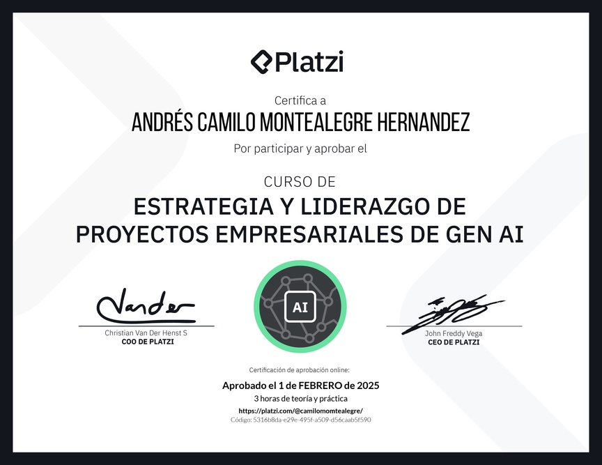 Diploma del Curso de Estrategia y Liderazgo de Proyectos Empresariales de Gen AI