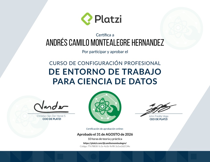 Diploma del Curso de Configuración Profesional de Entorno de Trabajo para Ciencia de Datos