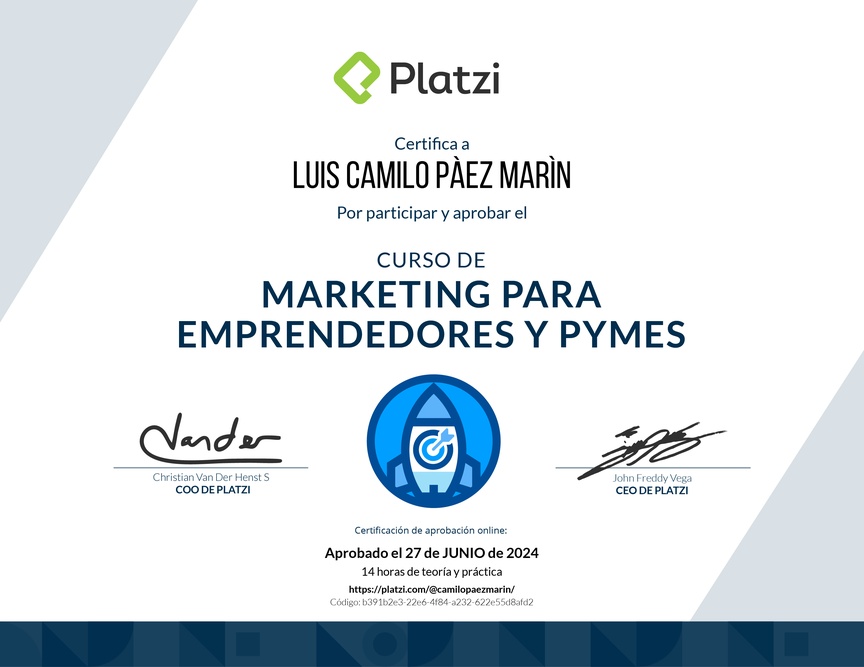 Diploma del Curso de Marketing para Emprendedores y PyMes