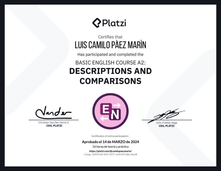 Diploma del Curso de Inglés Básico A2: Descripciones y Comparaciones