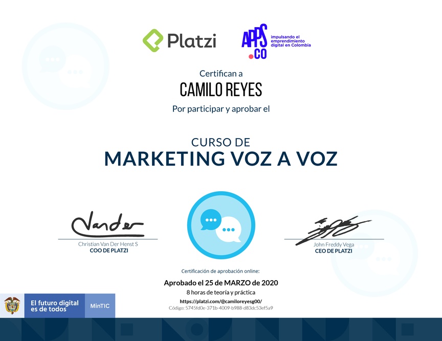 Diploma del Curso de Marketing Voz a Voz
