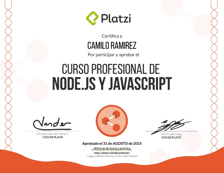 Diploma del Curso Profesional de Node.js y Javascript 2014