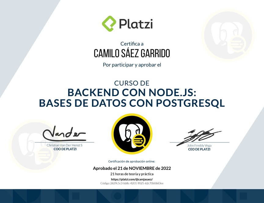Diploma del Curso de Backend con Node.js: Base de Datos con PostgreSQL