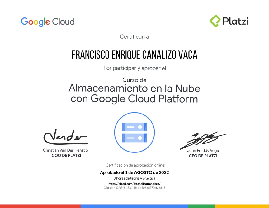 Diploma del Curso de Almacenamiento en la Nube con Google Cloud Platform