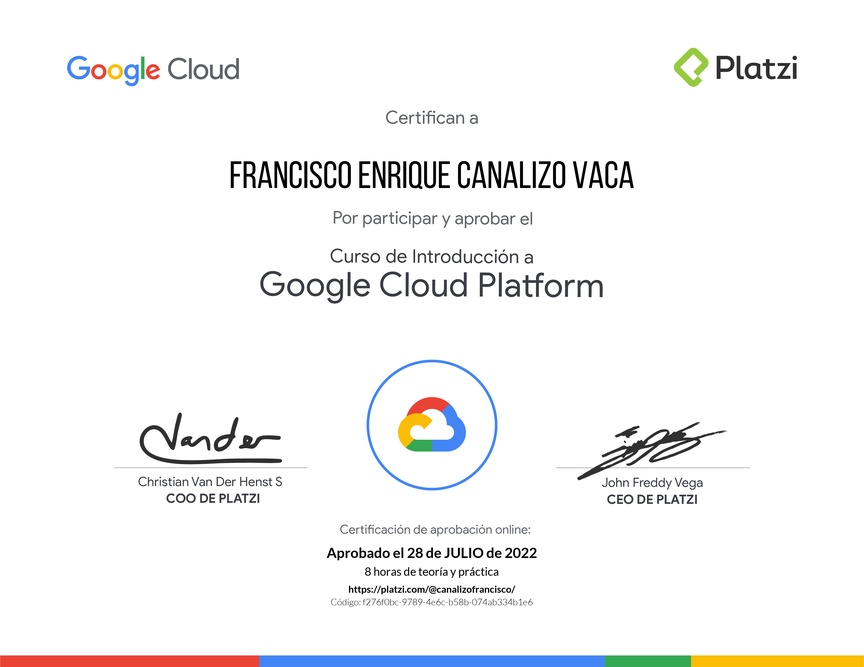 Diploma del Curso de Introducción a Google Cloud Platform