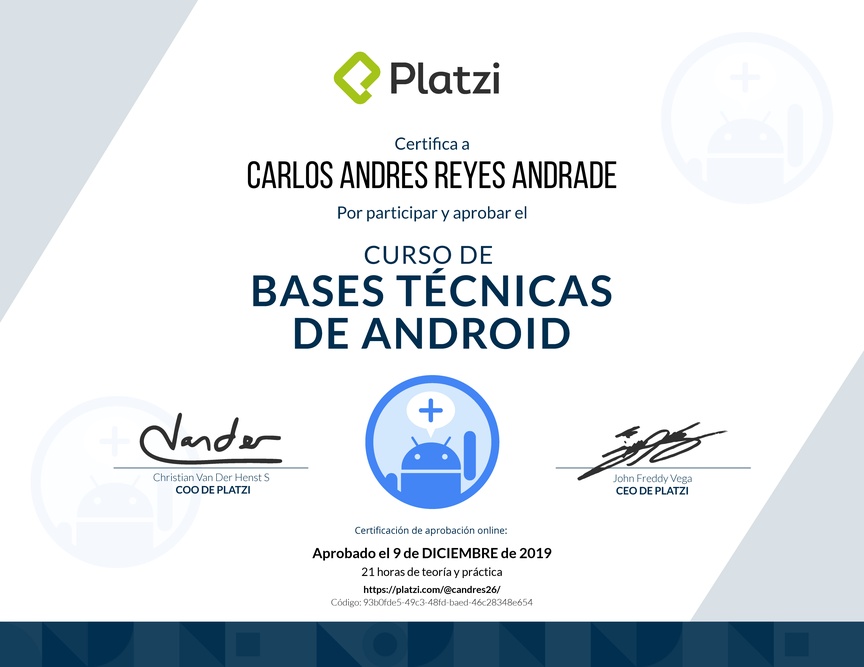 Diploma del Curso de Bases Técnicas de Android