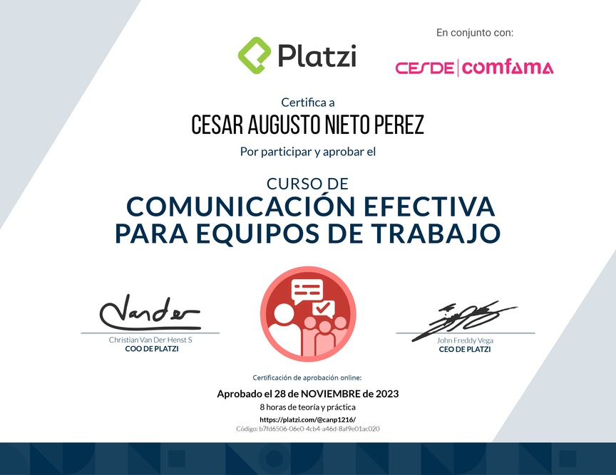 Diploma del Curso de Comunicación Efectiva para Equipos de Trabajo