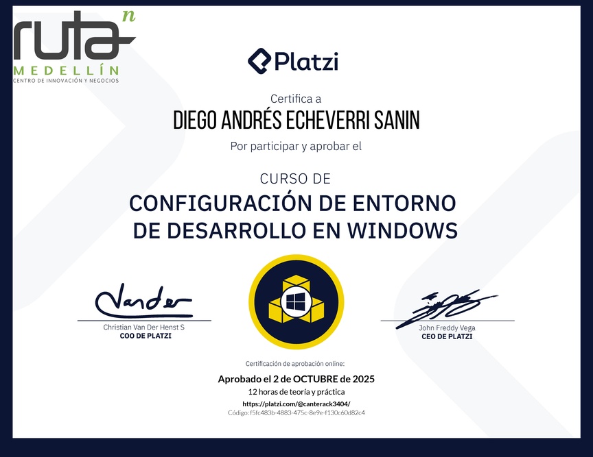 Diploma del Curso de Configuración de Entorno de Desarrollo en Windows