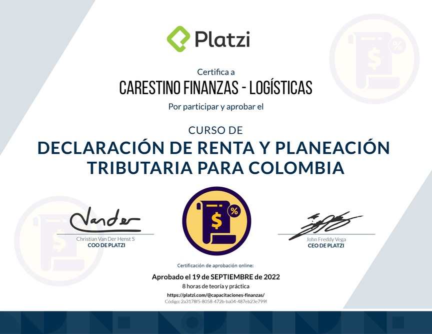 Diploma del Curso de Declaración de Renta y Planeación Tributaria para Colombia