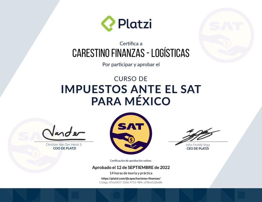 Diploma del Curso de Impuestos ante el SAT para México
