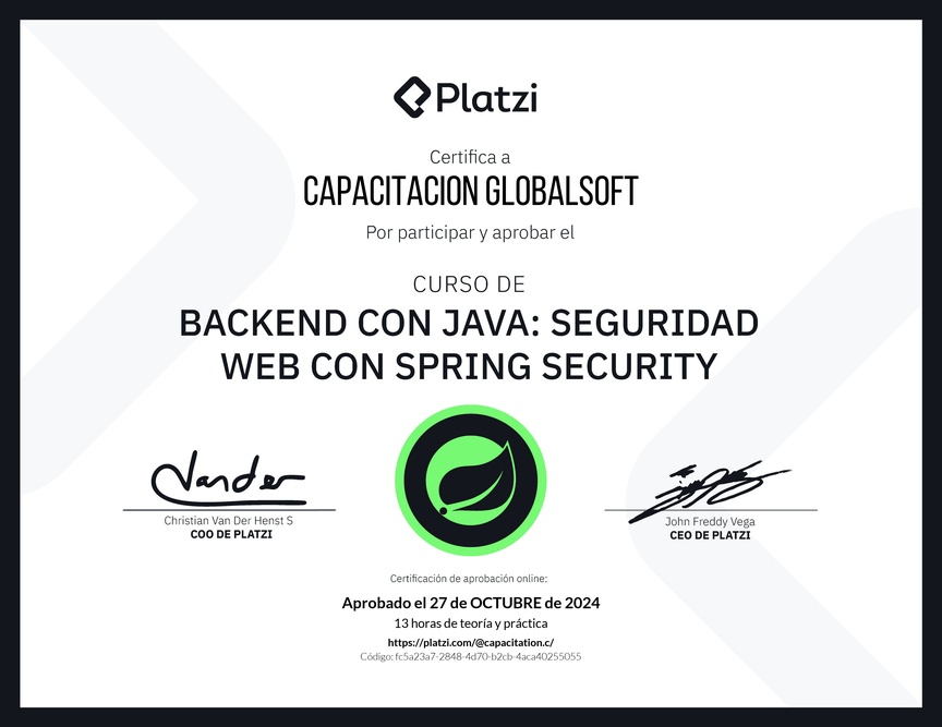 Diploma del Curso de Java Spring Security: Autenticación y Seguridad Web