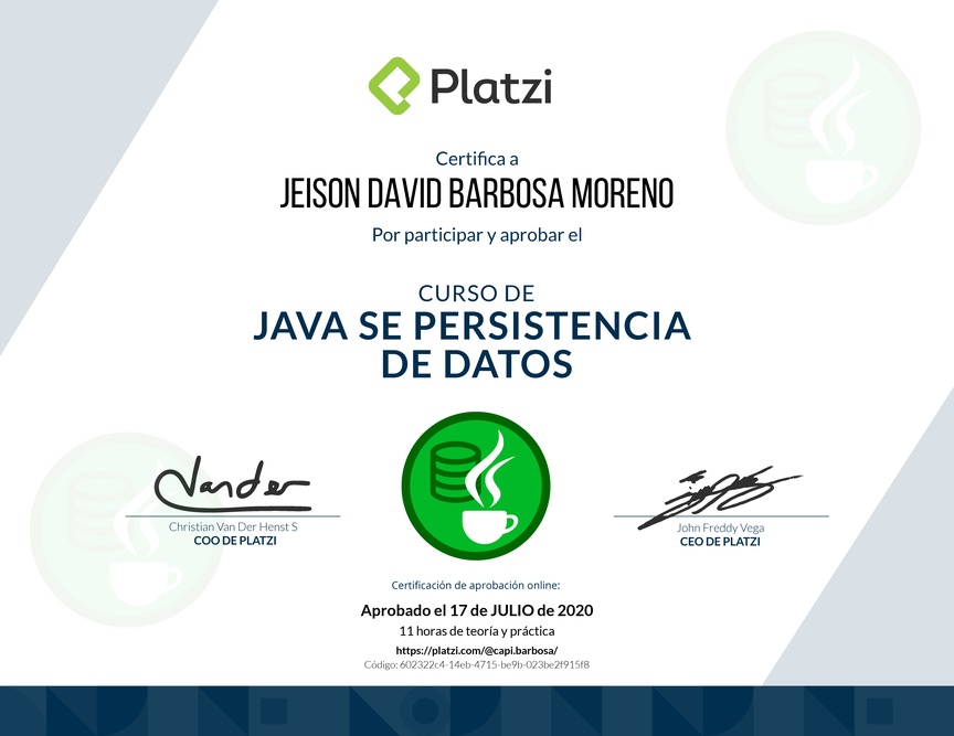 Diploma del Curso de Java SE Persistencia de Datos