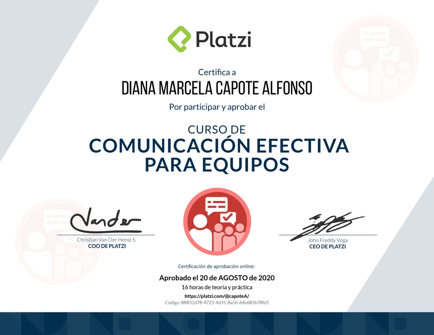 Diploma del Curso de Comunicación Efectiva para Equipos 2018