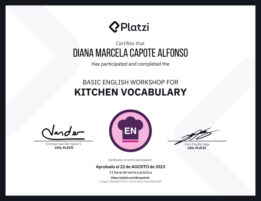 Diploma del Curso de Inglés Práctico sobre Vocabulario de Cocina