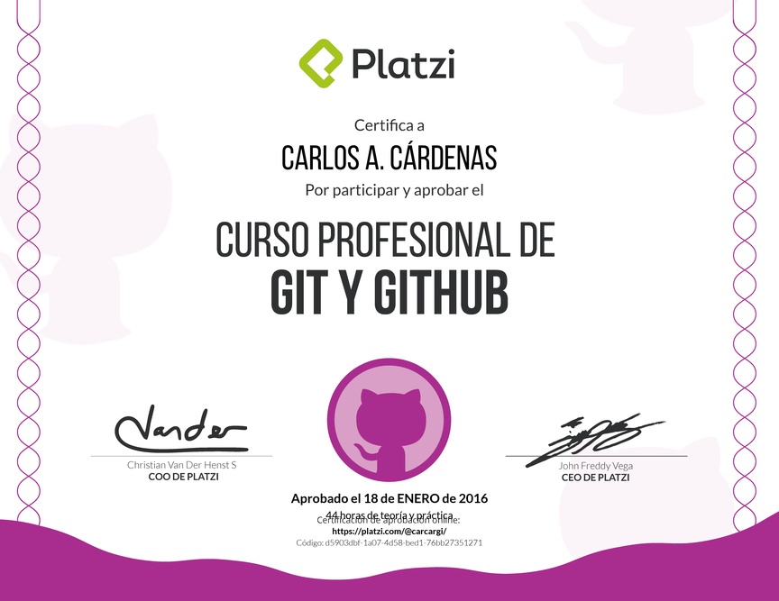 Diploma del Curso profesional de Git y GitHub 2016