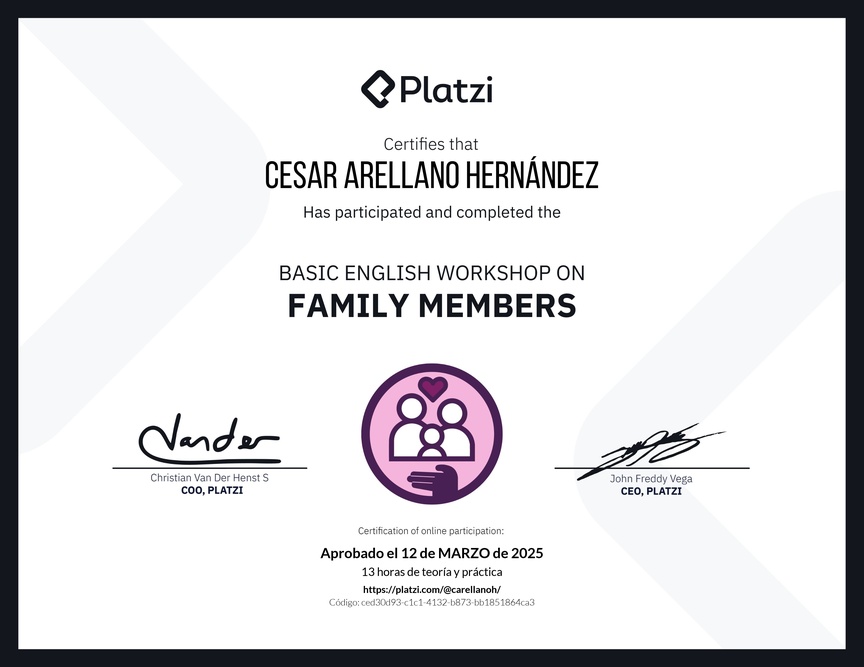 Diploma del Curso de Inglés Práctico sobre los Miembros de la Familia