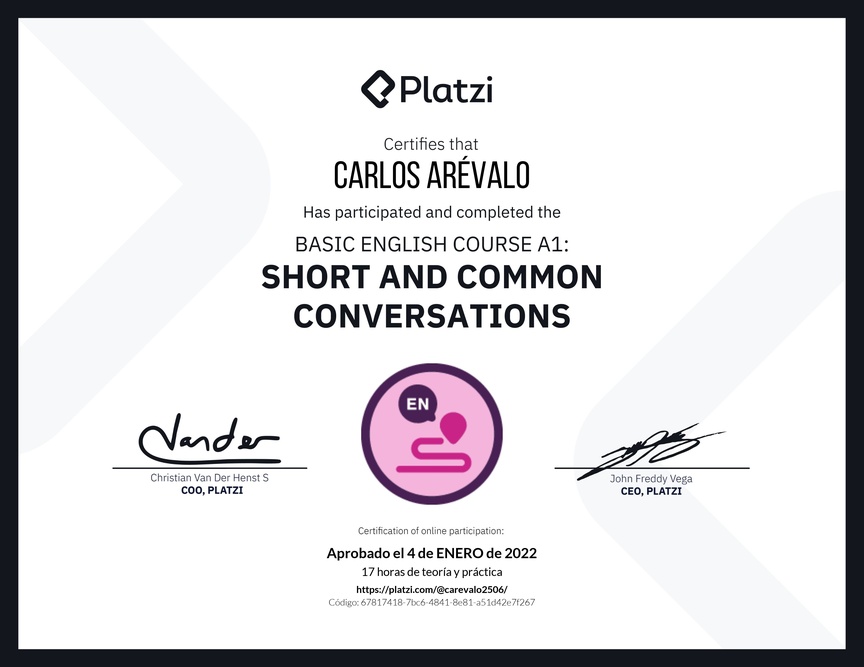 Diploma del Curso de Inglés Básico A1: Conversaciones Cortas y Habituales (2020)