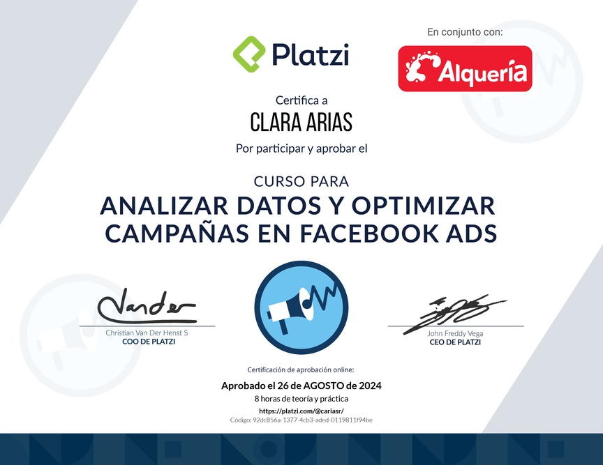 Diploma del Curso para Analizar Datos y Optimizar Campañas en Facebook Ads