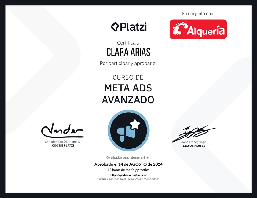 Diploma del Curso de Meta Ads Avanzado: Conoce Nuevas Funcionalidades