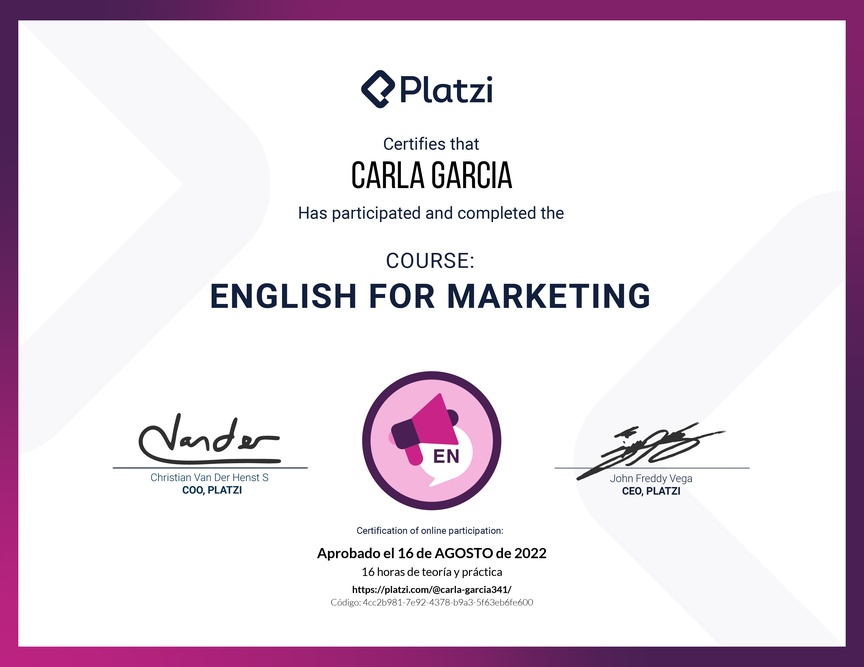 Diploma del Curso para Marketing en Inglés (2020)