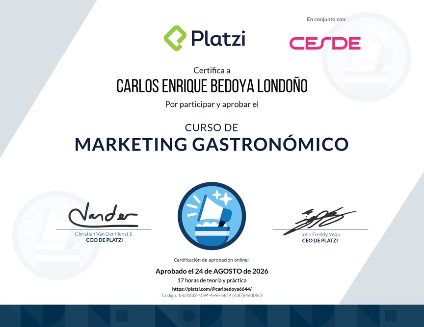 Diploma del Curso de Marketing Digital para Proyectos Gastronómicos
