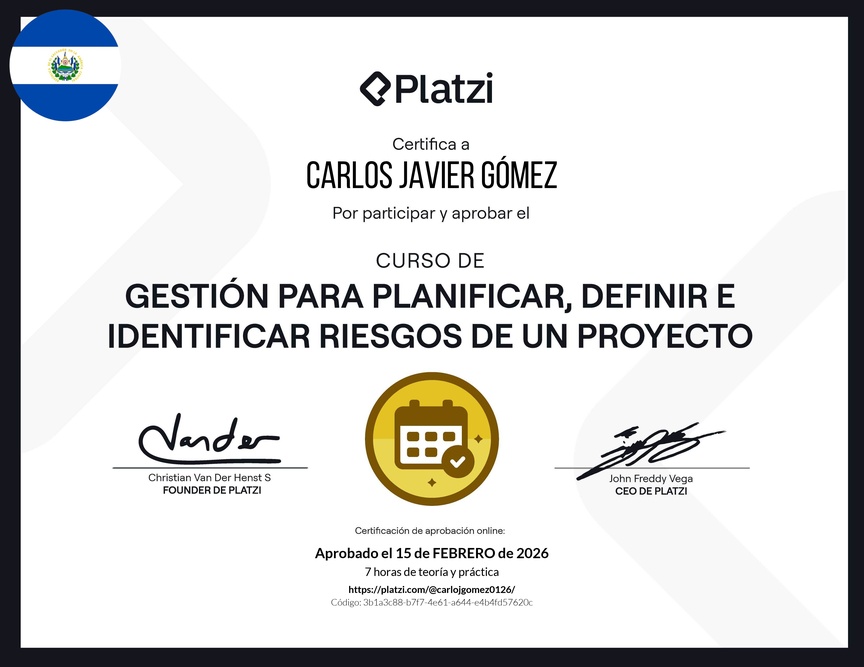 Diploma del Curso de Gestión para Planificar, Definir e Identificar Riesgos de un Proyecto