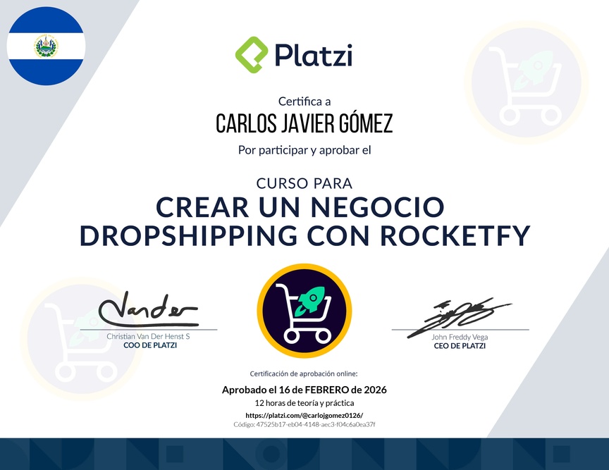 Diploma del Curso para Crear un Negocio Dropshipping con Rocketfy