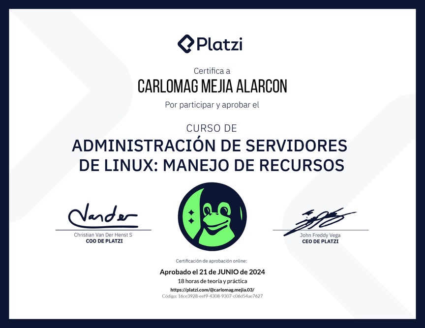 Diploma del Curso de Administración de Servidores Linux: Manejo de Recursos