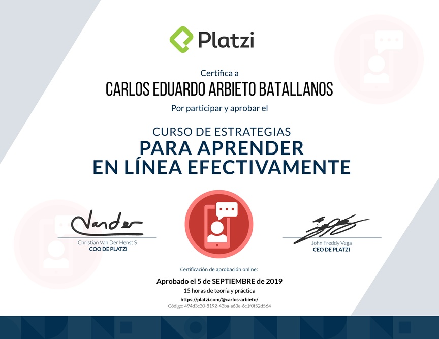 Diploma del Curso de Estrategias para Aprender en Línea Efectivamente 2019