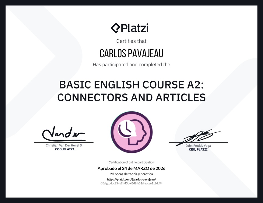 Diploma del Curso de Inglés Básico A2: Conectores y Artículos
