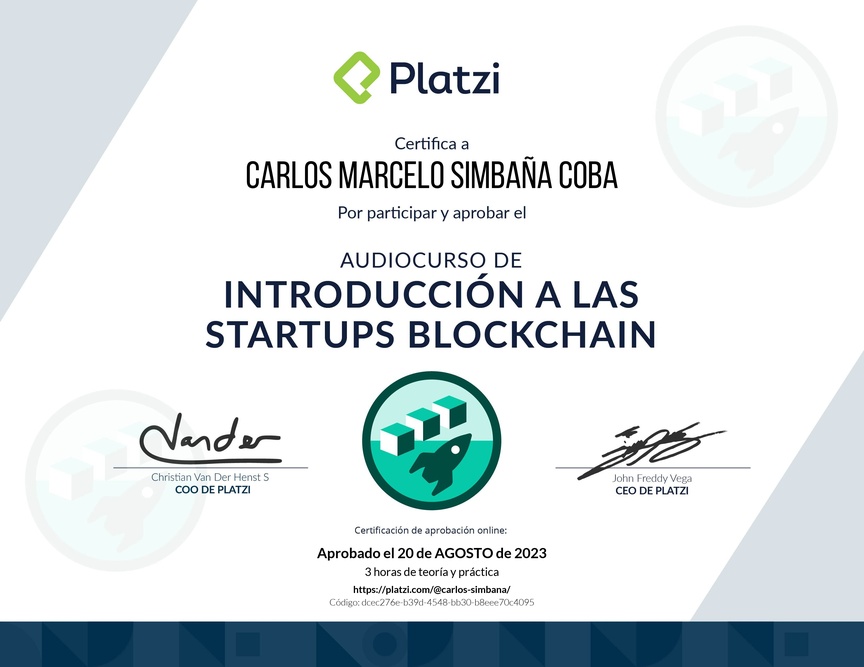 Diploma de Audiocurso de Introducción a las Startups Blockchain