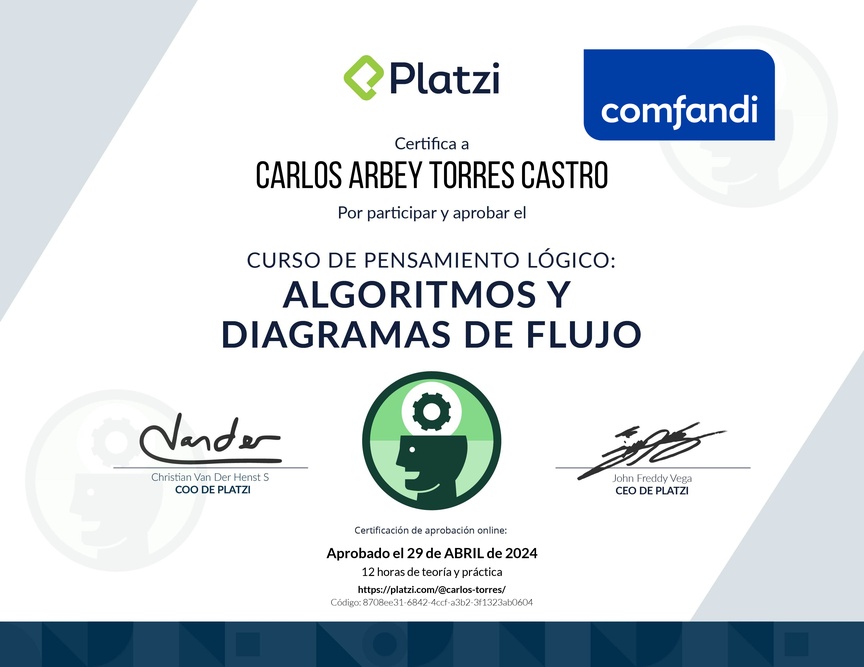 Diploma del Curso de Pensamiento Lógico: Algoritmos y Diagramas de Flujo