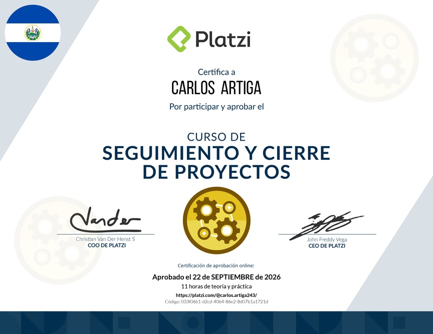 Diploma del Curso de Seguimiento y Cierre de Proyectos