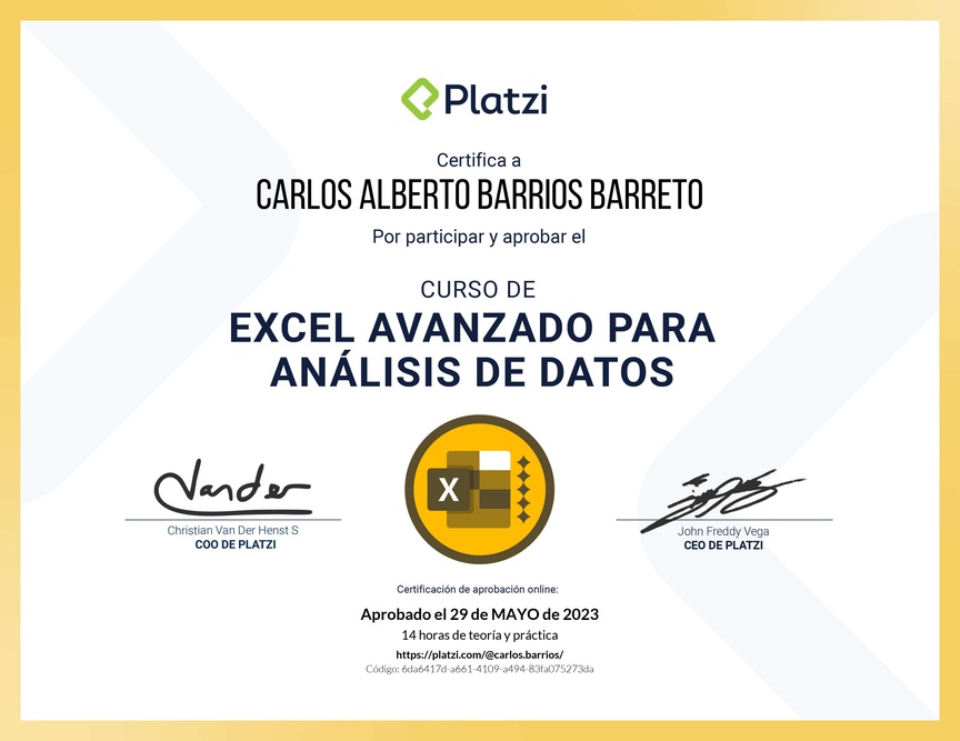 Diploma del Curso de Excel Avanzado para Análisis de Datos