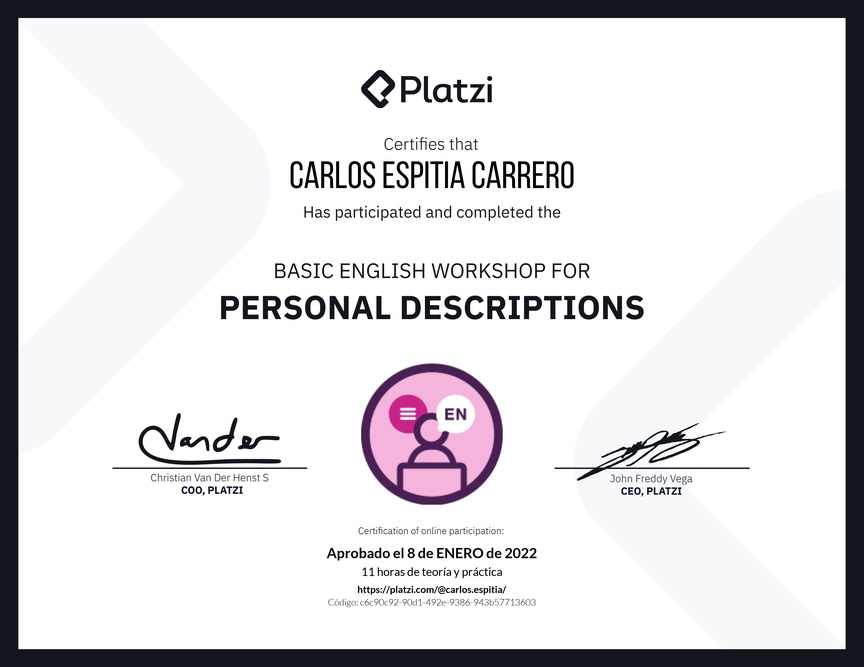 Diploma del Curso de Inglés Práctico para Descripciones Personales (2020=