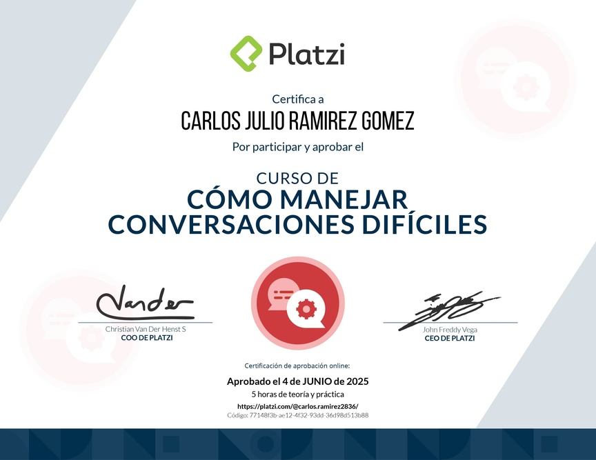 Diploma del Curso de Cómo Manejar Conversaciones Difíciles con Clientes