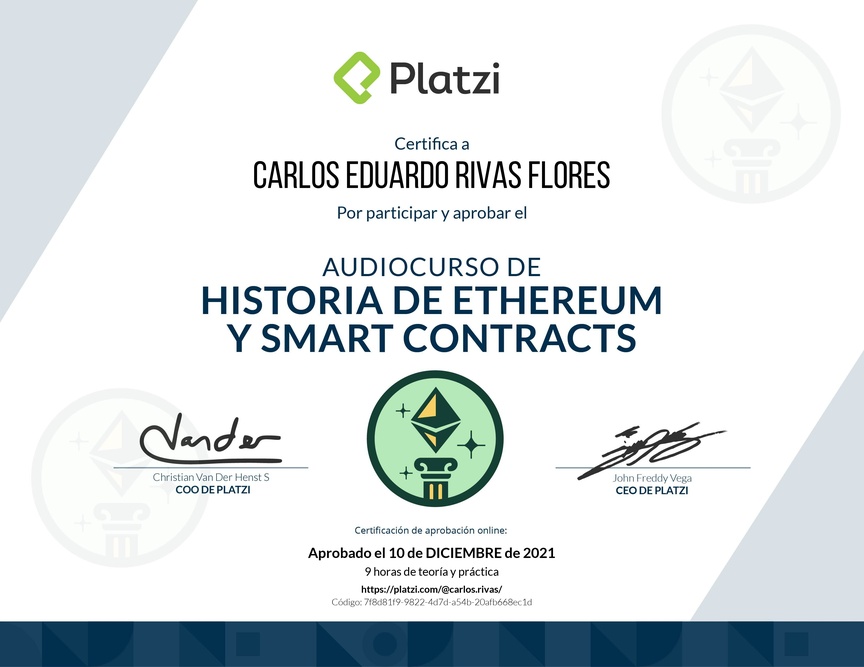 Diploma de Audiocurso de Historia de Ethereum y Smart Contracts