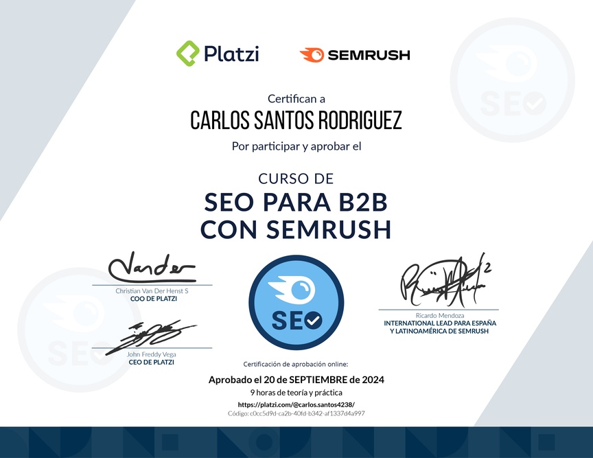 Diploma del Curso de SEO para B2B con Semrush
