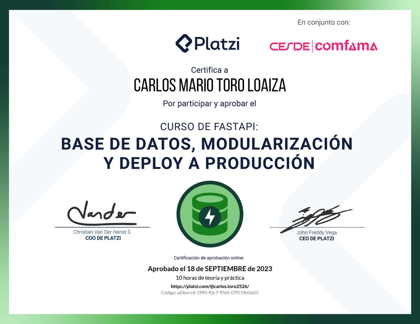 Diploma del Curso de FastAPI: Base de Datos, Modularización y Deploy a Producción