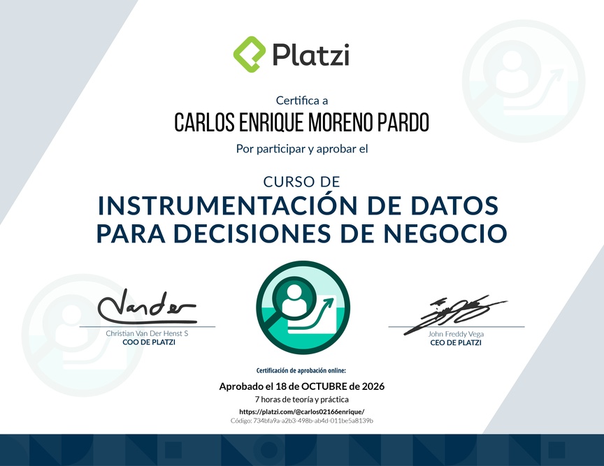 Diploma del Curso de Instrumentación de Datos para Decisiones de Negocio