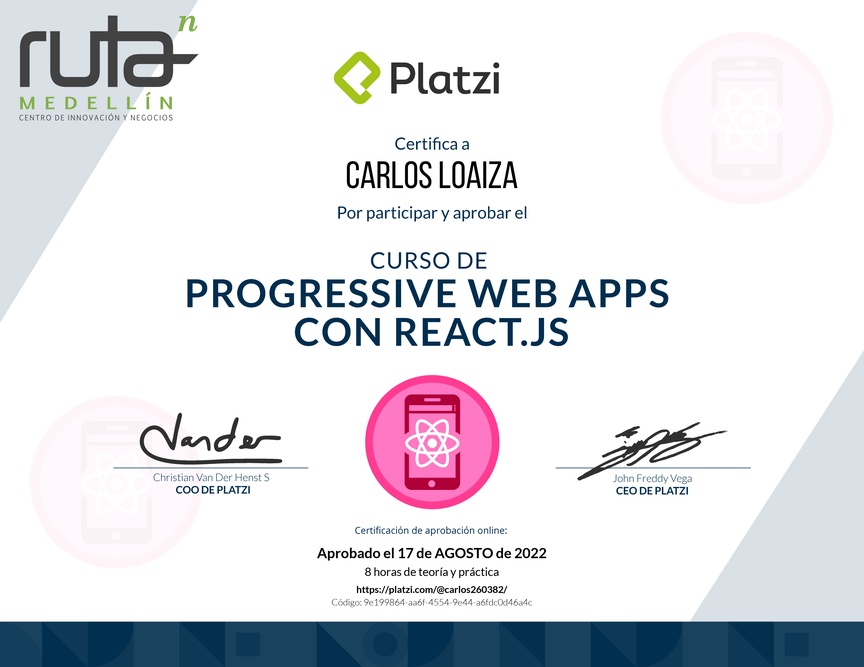 Diploma del Curso de Progressive Web Apps con React.js
