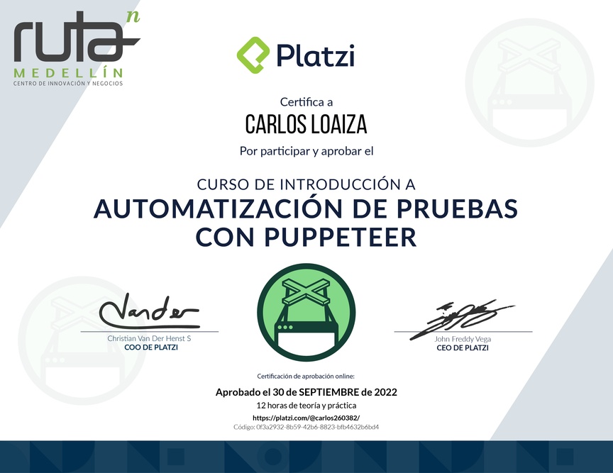 Diploma del Curso de Automatización de Pruebas con Puppeteer