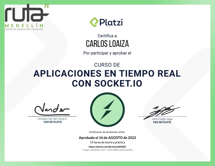 Diploma del Curso de Aplicaciones en Tiempo Real con Socket.io