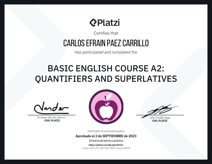 Diploma del Curso de Inglés Básico A2: Cuantificadores y Superlativos