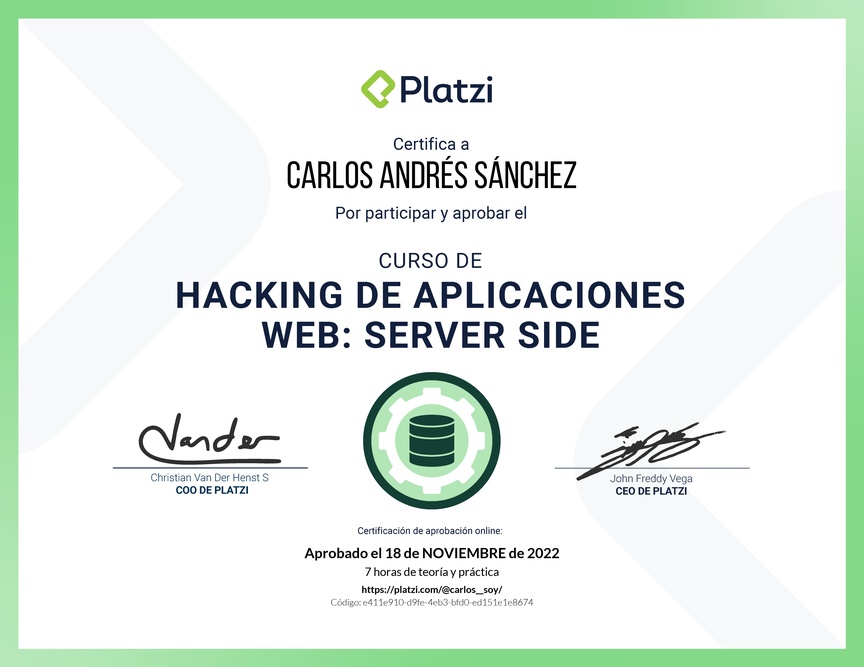 Diploma del Curso de Hacking: Aplicaciones Web Server Side