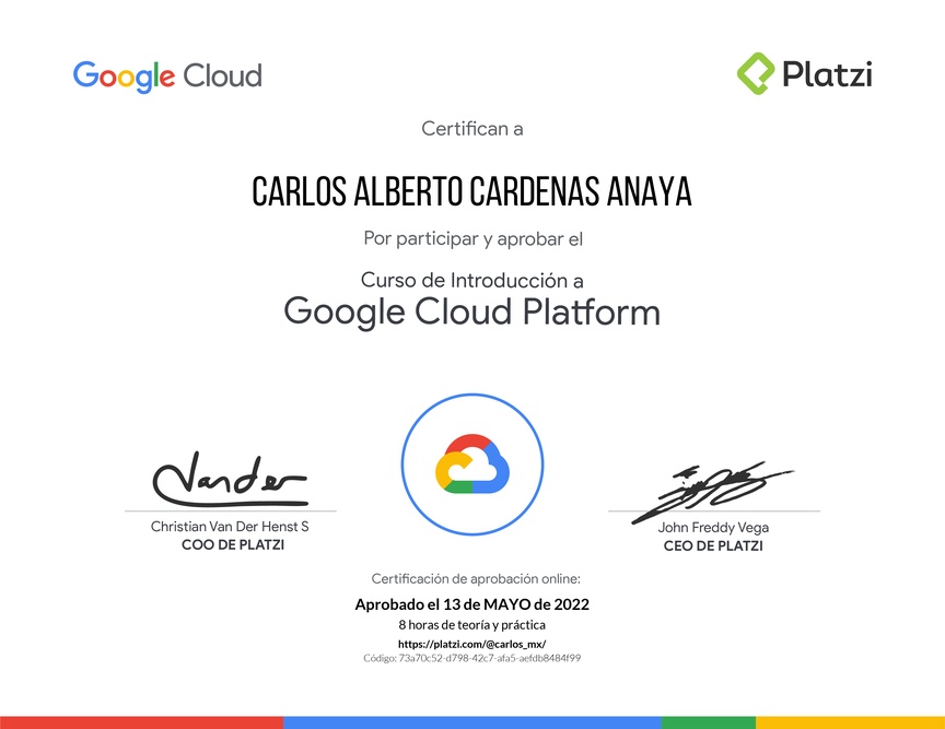 Diploma del Curso de Introducción a Google Cloud Platform