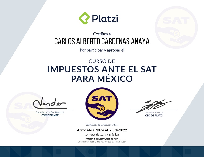 Diploma del Curso de Impuestos ante el SAT para México