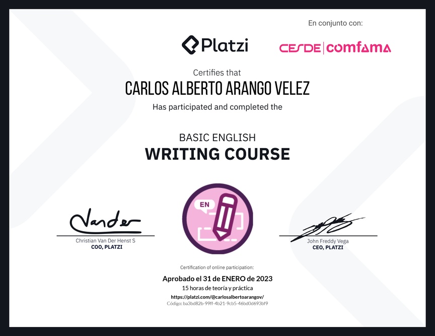 Diploma del Curso Básico de Escritura en Inglés