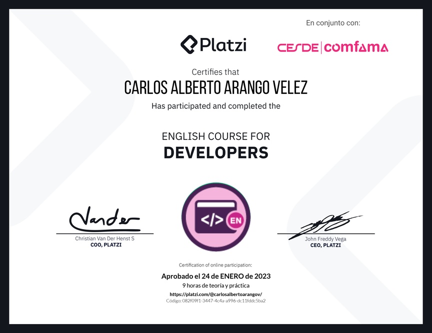 Diploma del Curso de Inglés para Programadores